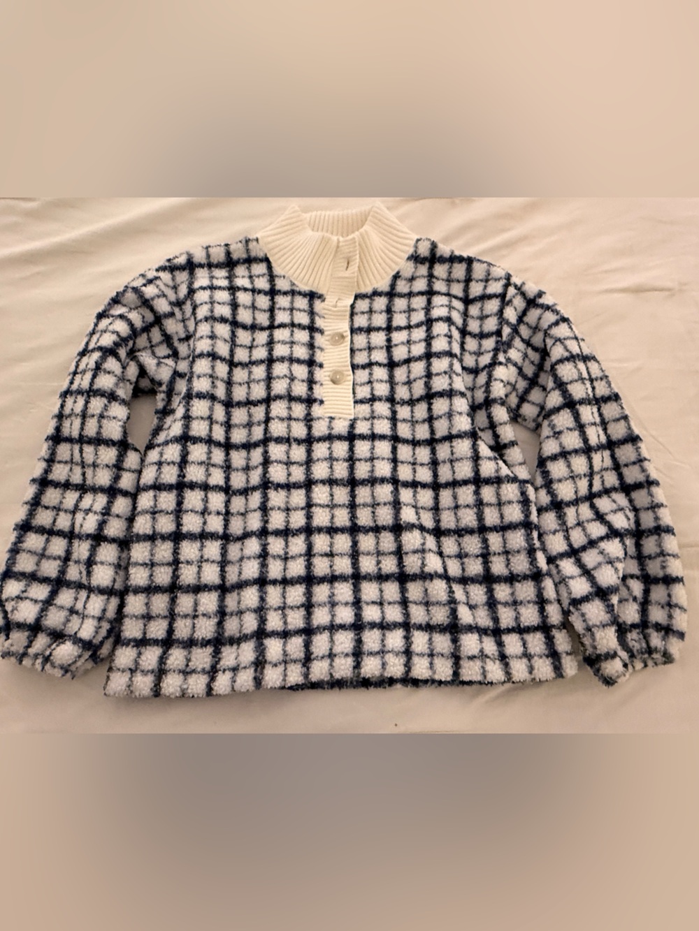 LOFT White & Navy Grid Button Mock-Neck Sweater